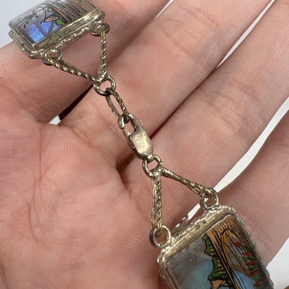 VTG 900 Silver Blue Morpho Butterfly Wings Hand Painted Tropical Scene Bracelet - Picture 7 of 12